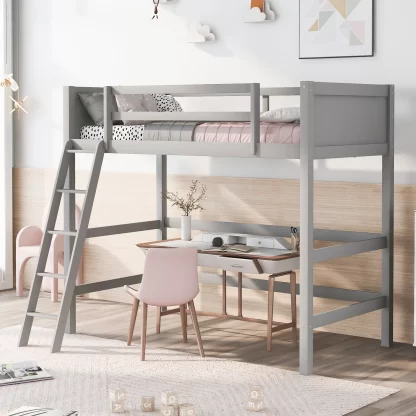 Kumix Loft Bed Twin Size, Wood Loft Bed with Full Length Guardrail and Inclined Ladder for Kids Teens Adults, Heavy Duty Loft Bed for Bedroom, Dorm, Spacious Under Bed Space, Noise-Free, Gray