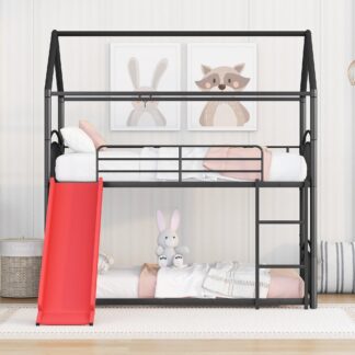 Kumix Bunk Bed With Slide, Twin over Twin Bunk Bed for Kids Teens Boys and Girls with Safety Guardrail and Ladder, House Bed Able to Split, Metal Bunk Bed Frame for Bedroom, Black+Red