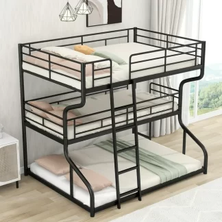 Kumix Triple Bunk Bed, Full XL over Twin XL over Queen Size Bunk Bed with Long and Short Ladder and Safety Guardrail for Kids Teens Adults, Heavy-Duty Bunk Bed Frame for Bedroom, Noise-Free, Black