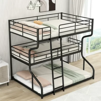 Kumix Triple Bunk Bed, Full XL over Twin XL over Queen Size Bunk Bed with Long and Short Ladder and Safety Guardrail for Kids Teens Adults, Heavy-Duty Bunk Bed Frame for Bedroom, Noise-Free, Black