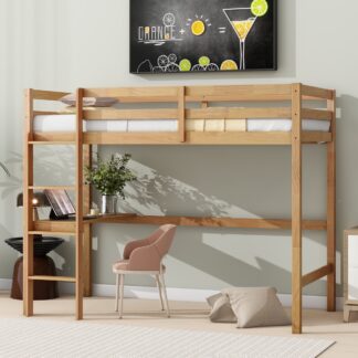 Kumix Loft Bed Twin Size with Desk, Wood Loft Bed with Full Length Guardrail and Build-in Ladder for Kids Teens Adults, Heavy Duty Loft Bed for Bedroom, Dorm, Noise-Free, Space-Saving, Natural