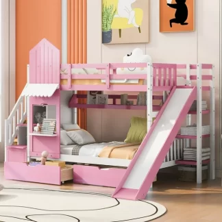 Kumix Twin over Twin Bunk Bed with Slide, Castle Style Bunk Bed with 2 Drawers 3 Shelves, Full Length Guardrail and Storage Staircase for Kids Teens Adults, Wood Bunk Bed for Bedroom, Pink