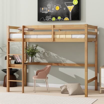 Kumix Loft Bed Twin Size with Desk, Wood Loft Bed with Full Length Guardrail and Build-in Ladder for Kids Teens Adults, Heavy Duty Loft Bed for Bedroom, Dorm, Noise-Free, Space-Saving, Natural
