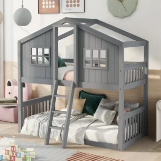 Kumix Twin over Twin Bunk Bed, Wood House Bed with Windows, Full Length Guardrail, Tent for Kids Teens Boys/Girls, Heavy Duty Bunk Bed Frame for Kids' Bedroom, No Box Spring Needed, Gray
