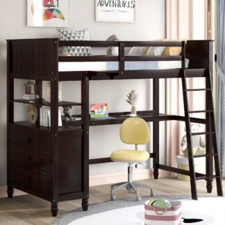 Kumix Loft Bed Twin Size, Wood Loft Bed with Drawers and Desk, Shelves, Full Length Guardrail, Ladder for Kids Teens Adults, Heavy Duty Loft Bed Frame for Bedroom, Space-Saving, Espresso