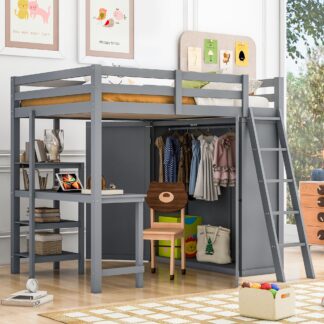 Kumix Loft Bed Full Size, Wood Loft Bed with Wardrobe and Desk, Full Length Guardrail, Ladder for Kids Teens Adults, Heavy Duty Loft Bed Frame for Bedroom, Space-Saving, Noise-Free, Gray