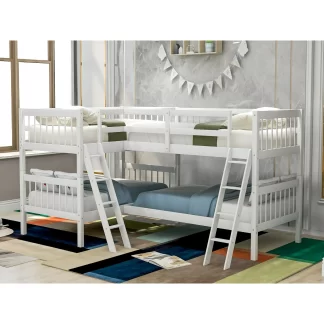 Kumix Quad Bunk Bed Twin over Twin, L-Shaped Bunk Bed for 4 with Angle Ladder, Corner 4 Bunk Bed for Kids Teens Adults, 4 in 1 Bunk Beds, Space-Saving Wood Bunk Beds, Noise-Free, White