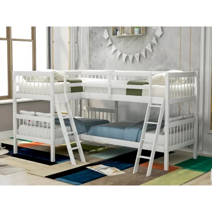 Kumix Quad Bunk Bed Twin over Twin, L-Shaped Bunk Bed for 4 with Angle Ladder, Corner 4 Bunk Bed for Kids Teens Adults, 4 in 1 Bunk Beds, Space-Saving Wood Bunk Beds, Noise-Free, White