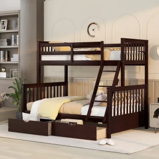 Kumix Bunk Bed with Drawers, Twin over Full Bunk Bed with Full Length Guardrail and Build-in Ladder for Kids Teens Adults, Wood Bunk Bed Able to Split, 2 in 1 Bunk Beds, Noise-Free, Espresso