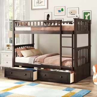 Kumix Twin over Twin Bunk Bed, Wood Bunk Bed with Drawers, Full Length Guardrail and Build-in Ladder for Kids Teens, Heavy Duty Bunk Bed Can Convertible into 2 Beds, Noise-Free, Espresso
