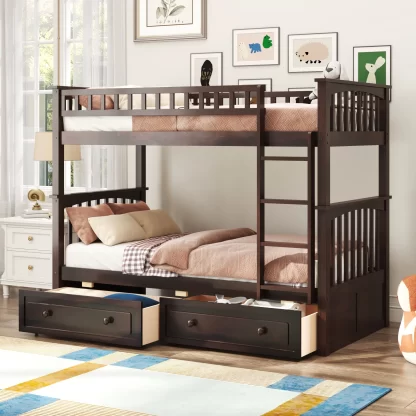 Kumix Twin over Twin Bunk Bed, Wood Bunk Bed with Drawers, Full Length Guardrail and Build-in Ladder for Kids Teens, Heavy Duty Bunk Bed Can Convertible into 2 Beds, Noise-Free, Espresso