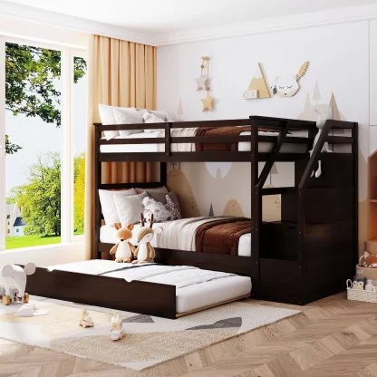 Kumix Bunk Bed with Trundle, Twin over Twin Bunk Bed with Full Length Guardrail and Storage Staircase for Kids Teens Adults, Wood Bunk Bed for Bedroom, Twin Size Trundle, Noise-Free, Espresso