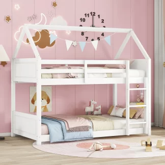 Kumix Twin over Twin Bunk Bed, House Bunk Bed with Full Length Guardrail and Build-in Ladder, Wood Floor Bed for Kids Teens Boys/Girls with Roof, 2 in 1 Bunk Beds, Noise-Free, White