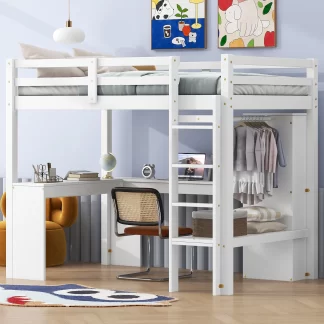 Kumix Twin Size Loft Bed with Desk, Wood Loft Bed with Wardrobe and Storage Shelves for Kids Teens Adults, Heavy Duty Loft Bed with Full Length Guardrail and Ladder, Noise-Free, White