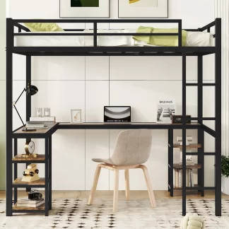 Kumix Loft Bed Full Size, Metal Loft Bed with Desk and Shelves for Kids, Teens, Heavy Duty Loft Bed with Ladder and Guardrail, Loft Bed Frame for Bedroom, Dorm, Noise-Free, Black