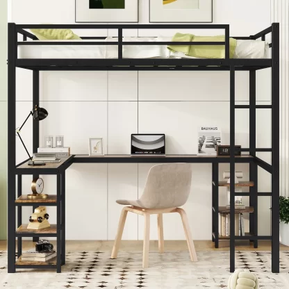 Kumix Loft Bed Full Size, Metal Loft Bed with Desk and Shelves for Kids, Teens, Heavy Duty Loft Bed with Ladder and Guardrail, Loft Bed Frame for Bedroom, Dorm, Noise-Free, Black