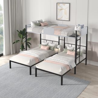 Kumix Triple Twin Bunk Bed, Twin over Twin and Twin Bunk Bed for Kids/Teens with Ladder and Guardrails, Can Be Separated into 3 Twin Beds, Noise Reduced, Bunk Bed for Three, Black and Grey