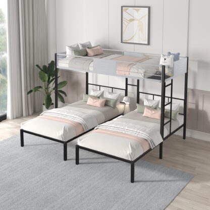 Kumix Triple Twin Bunk Bed, Twin over Twin and Twin Bunk Bed for Kids/Teens with Ladder and Guardrails, Can Be Separated into 3 Twin Beds, Noise Reduced, Bunk Bed for Three, Black and Grey