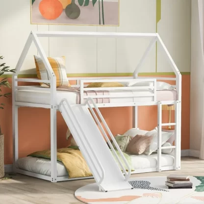Kumix Bunk Bed with Slide, Twin over Twin House Bunk Bed for Kids Teens Boys and Girls with Build-in Ladder and Full Length Guardrail, Metal Bunk Bed Frame for Bedroom, Dom, Noise-Free, White