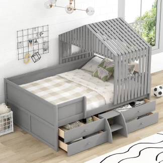 Kumix Loft Bed Full Size, House Bed with Roof, Four Drawers, Full Length Guardrail and Inclined Ladder for Kids Teens Boys/Girls, Low Loft Bed for Bedroom, Noise-Free, No Box Spring Needed, Gray