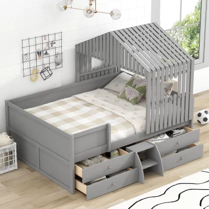 Kumix Loft Bed Full Size, House Bed with Roof, Four Drawers, Full Length Guardrail and Inclined Ladder for Kids Teens Boys/Girls, Low Loft Bed for Bedroom, Noise-Free, No Box Spring Needed, Gray