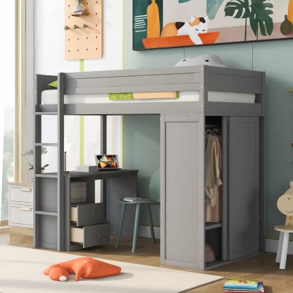 Kumix Loft Bed Twin Size with Desk, Wood Loft Bed with Wardrobes and 2 Drawers with Cabinet for Kids Teens Adults, Heavy Duty Loft Bed Frame for Bedroom, Space-Saving, No Box Spring Needed, Gray