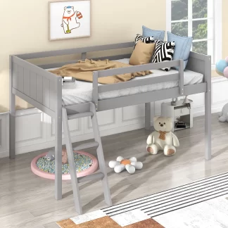 Kumix Loft Bed Twin Size, Wood Loft Bed with Full Length Guardrail and Convertible Inclined Ladder for Kids Teens Adults, Heavy Duty Loft Bed for Bedroom, Under Bed Storage, Noise-Free, Gray