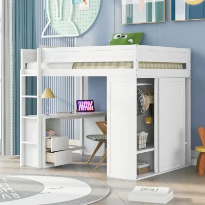 Kumix Loft Bed Full Size, Wood Loft Bed with Wardrobes and 2-Drawer Desk with Cabinet for Kids Teens Adults, Space-Saving Loft Bed Frame with Full Length Guardrail and Ladder for Bedroom, White