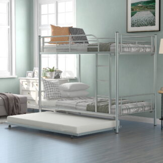 Kumix Bunk Bed with Trundle, Twin over Twin Bunk Bed Can Be Divided into Two Beds, Metal Bunk Bed with Full Length Guardrail and Ladder for Kids Adults, 3 in 1 Bunk Beds, Noise-Free, Silver
