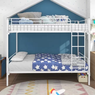 Kumix Bunk Bed Twin over Twin, Metal Bunk Bed with Under Bed Space, Ladder and Full-Length Guardrail for Kids Teens Adults, Heavy Duty Bunk Bed Frame for Bedroom, Noise-Free, Space-Saving, White