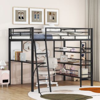 Kumix Loft Bed Full Size, Metal Loft Bed with Desk, Whiteboard and Shelves for Kids Teens Adults, Stylish Frame Bed with Safety Guardrail and Ladder for Bedroom, Space-Saving, Black