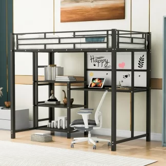 Kumix Loft Bed Twin Size, Metal Loft Bed with Desk, 3 Shelves and Whiteboard for Kids, Teens, Space-Saving Loft Bed Frame with Full Length Guardrail and Ladder for Bedroom, Noise-Free, Black