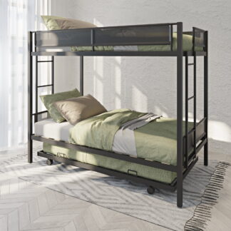Kumix Bunk Bed with Trundle, Metal Twin over Twin Bunk Bed for Kids Teens with Textilene Guardrail and 2 Side Ladders, Bunk Bed for Three, No Box Spring Needed, Noise-Free Wood Slats, Black