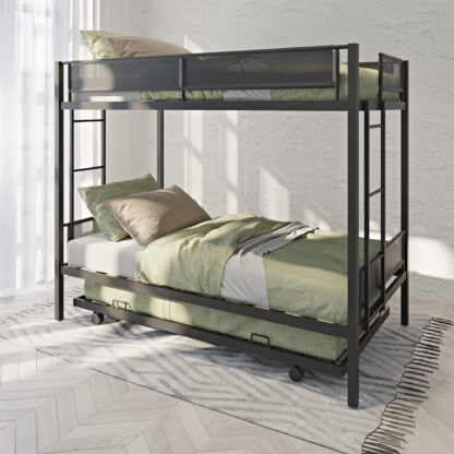 Kumix Bunk Bed with Trundle, Metal Twin over Twin Bunk Bed for Kids Teens with Textilene Guardrail and 2 Side Ladders, Bunk Bed for Three, No Box Spring Needed, Noise-Free Wood Slats, Black