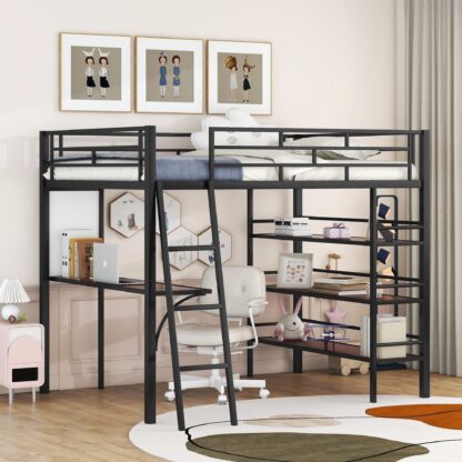 Kumix Loft Bed Full Size, Metal Loft Bed with Desk, Whiteboard and Shelves for Kids Teens Adults, Stylish Frame Bed with Safety Guardrail and Ladder for Bedroom, Space-Saving, Black