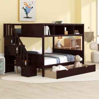 Kumix Twin over Full Bunk Bed, Wood Bunk Bed with Drawers, Shelves, Storage Staircase for Kids Teens Adults, Multi-Function Bunk Bed with Safety Guardrail for Bedroom, Noise-Free, Espresso