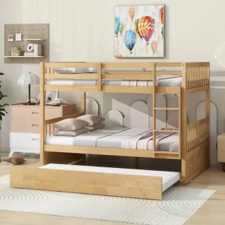 Kumix Wood Bunk Bed with Trundle, Full over Full Bunk Bed with Ladder and Guardrails for Kids, Teens, Gusts, Convertible to 2 Full Size Beds, with Twin Size Trundle, Easy Assembly, Oak