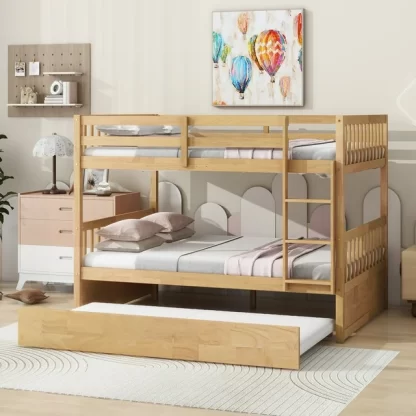 Kumix Wood Bunk Bed with Trundle, Full over Full Bunk Bed with Ladder and Guardrails for Kids, Teens, Gusts, Convertible to 2 Full Size Beds, with Twin Size Trundle, Easy Assembly, Oak