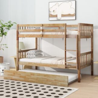 Kumix Twin over Twin Bunk Bed with Trundle, Wood Bunk Bed with Ladder and Safety Guardrails for Kids Teens Adults, Convertible into Twin Size Beds, 3 in 1 Bunk Bed, Noise-Free, Natural
