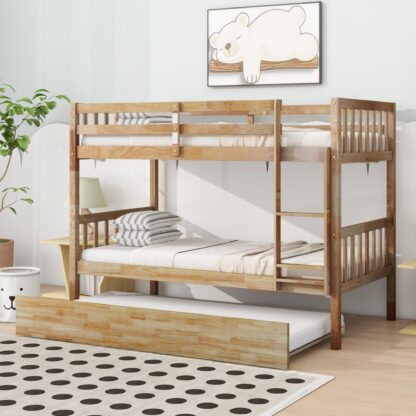 Kumix Twin over Twin Bunk Bed with Trundle, Wood Bunk Bed with Ladder and Safety Guardrails for Kids Teens Adults, Convertible into Twin Size Beds, 3 in 1 Bunk Bed, Noise-Free, Natural