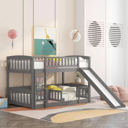 Kumix Wood Bunk Bed with Slide, Twin over Twin Bunk Bed with Fence, Full Length Guardrail and Ladder for Kids Teens, Low Bunk Bed for Bedroom, Noise-Free, No Box Spring Needed, Grey