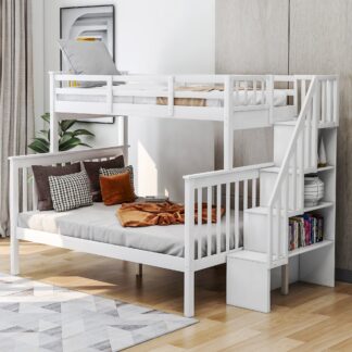 Kumix Twin over Full Bunk Bed, Wood Bunk Bed with Shelves, Full Length Guardrail and Stairway for Kids Teens Adults, Heavy Duty Bunk Bed Frame Able to Split, Noise-Free, Space-Saving, White