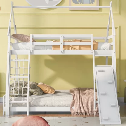 Kumix Twin over Queen Bunk Bed, House Bed with Climbing Nets and Climbing Ramp for Kids, Wood Bunk Bed with Roof, Low Bunk Bed Frame with Safety Guardrails and Ladder, Noise-Free, White