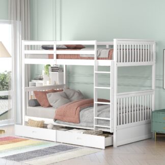 Kumix Twin over Twin Bunk Bed, Wood Bunk Bed with Drawers, Full Length Guardrail and Build-in Ladder for Kids Teens, Heavy Duty Bunk Bed Can Convertible into 2 Beds, Noise-Free, White