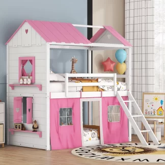 Kumix Twin over Twin Bunk Bed, Wood House Bed with Elegant Windows, Sills and Tent for Kids Teens Boys/Girls, Heavy Duty Bunk Bed Frame for Bedroom, Dorm, No Box Spring Needed, Pink+White
