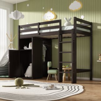Kumix Loft Bed Twin Size, Wood Loft Bed with Wardrobe, Storage Shelves, Storage Cabinet, Full Length Guardrail and Ladder for Kids Teens Adults, Noise-Free for Bedroom, Space-Saving, Espresso