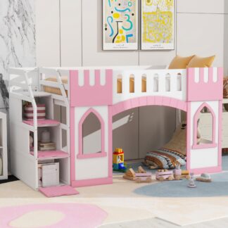 Kumix Loft Bed Twin Size, Wood Loft Bed with Storage Staircase and 2 Windows for Kids Teens Boys/Girls, Heavy Duty Loft Bed for Bedroom, Dorm, Space-Saving, No Box Spring Needed, Pink