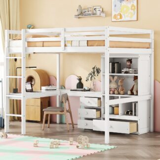 Kumix Loft Bed Full Size with Desk, Wood Loft Bed with Storage Shelves and Drawers, Safety Guardrails Built-in Ladder for Kids Teens Adults, High Loft Bed for Bedroom, Noise-Free, White