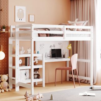 Kumix Loft Bed Twin Size with Desk, Wood Loft Bed with Writing Board, Shelves Full Length Guardrail, Ladder for Kids Teens Adults, Heavy Duty Loft Bed Frame for Bedroom, Noise-Free, White