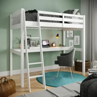 Kumix Loft Bed Full Size with Desk, Heavy Duty Wood Loft Bed with Storage, Full Length Guardrail and Inclined Ladder for Kids Teens Adults, Loft Bed Frame for Bedroom, No Box Spring Needed, White